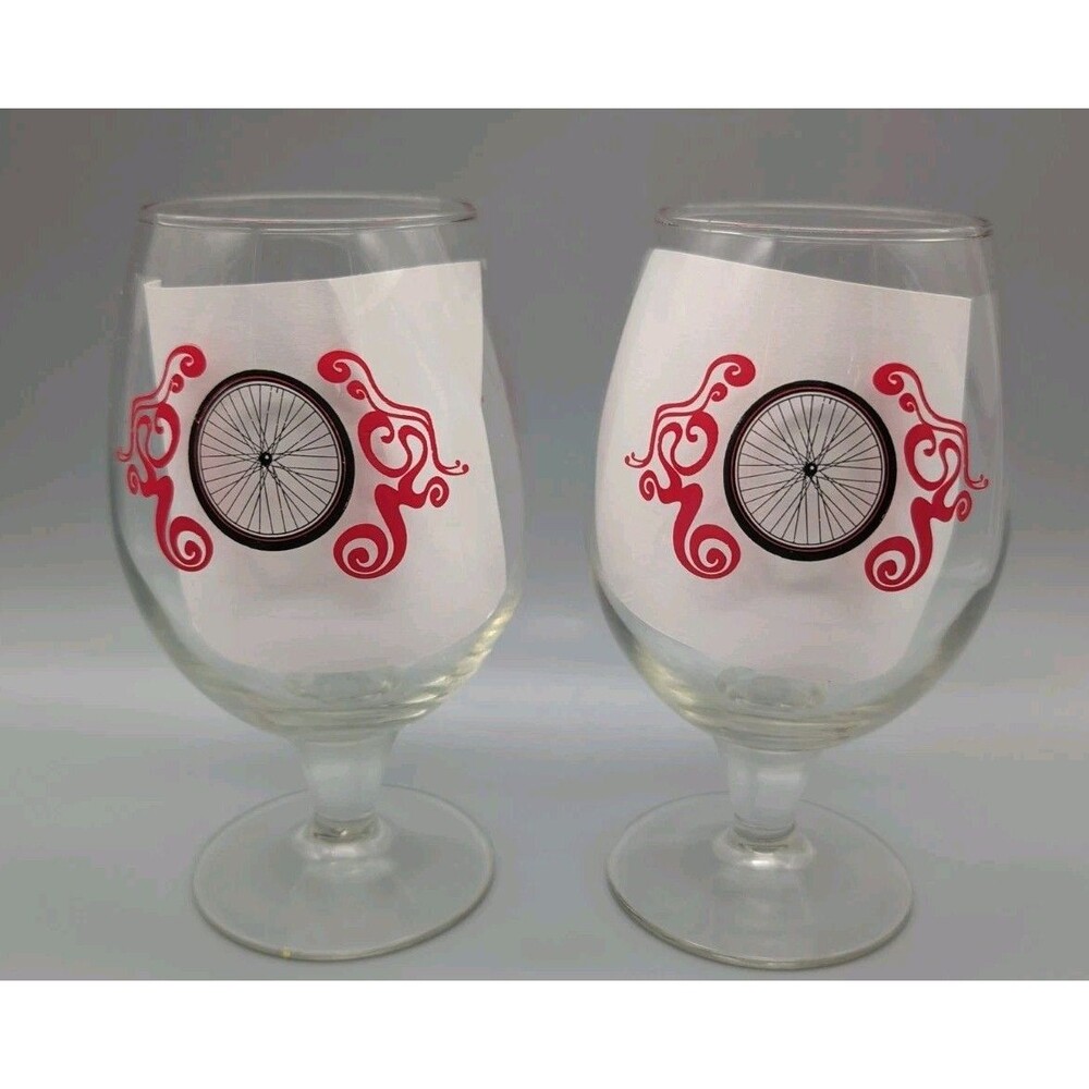 2 Belgium Brewing Bicycle Tire Red Scroll Tulip Stem Glass Beer Ale 16 Oz Goblet